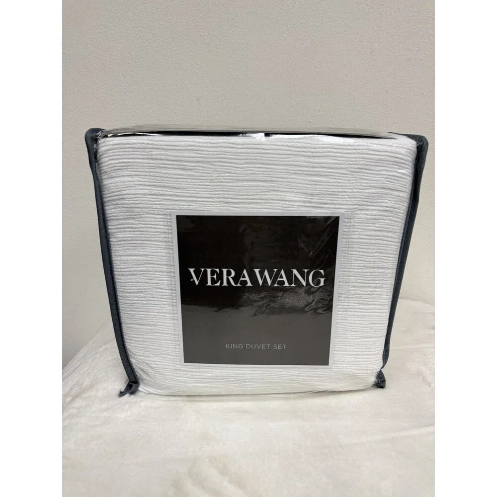 Vera Wang Duvet Cover Set Soft Cotton KING 3 Piece Textured Pleats White